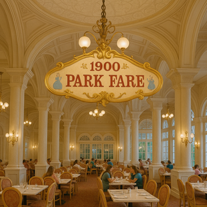 A father and 2 children laughing with Princess Tiana at a dining table at the Nineteen Hundred Park Fare restaurant