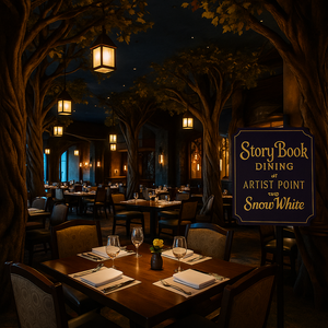 Grumpy the Dwarf standing beside a table at Artist Point, where a family of 4 is dining and laughing