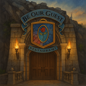 Dois candelabros grandes pendurados no alto da salão de jantar, no Be Our Guest Restaurant, no Magic Kingdom