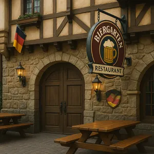 Bavaria-themed dining area in Biergarten Restaurant featuring long communal tables, street lamps and a stage