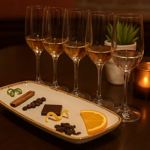 A table set for a tequila tasting, with 5 flute glasses, 2 shot glasses and a plate with a lime peel, a cinnamon stick, coffee beans, a block of chocolate, a lemon peel, an orange wedge and fried grasshoppers