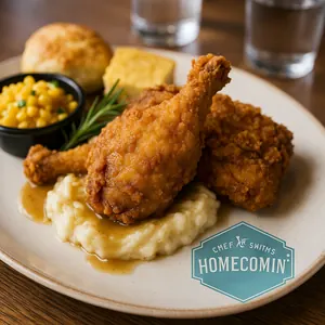 A fried chicken dinner platter with mashed potatoes and a biscuit