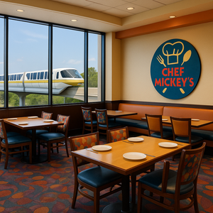 Mickey Mouse and Goofy dressed as chefs with their arms outstretched