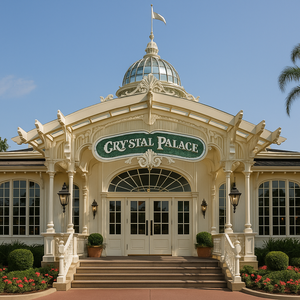 A man holding his child in his arms while talking to Winnie the Pooh in The Crystal Palace