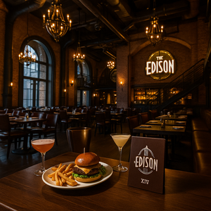 Guests enjoying beverages at a dining table full of dishes at The Edison