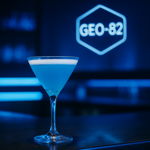 A bar and stools in front of liquor lined shelves at Geo 82 at Epcot