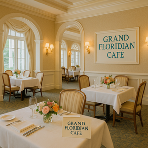 Uma família sorri ao mesmo tempo durante a refeição no Grand Floridian Café, no Walt Disney World Resort