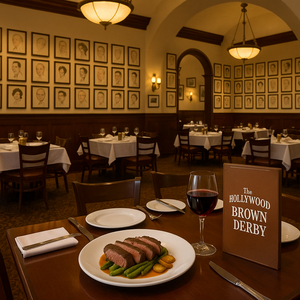 Salada cobb com abacate, bacon, alface, tomate e mais com molho de salada sendo servido por uma mão acima do prato