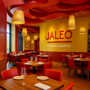 A terrace at Jaleo by José Andrés with tables for 2 people near the lake at Disney Springs