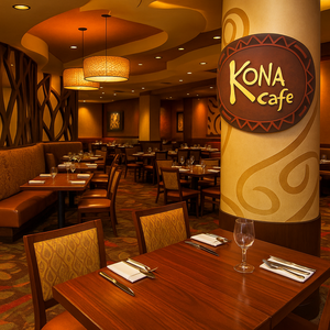 Dining hall com arquitetura inspirada na Polinésia, incluindo um mural no teto e detalhes em madeira natural