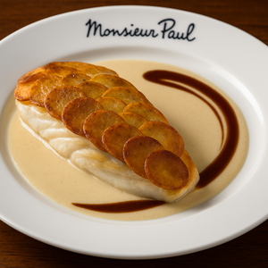 Uma porção de peixe coberta com uma camada de fatias finas de batatas