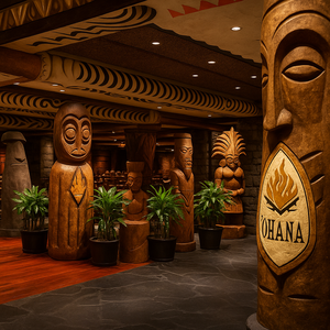 Hawaiian for family, 'Ohana boasts a South Seas vibe that offers an island of adventurous eats, served family-style in a delightful, tropical setting of warm woods, lush plants and impressive tiki gods.
