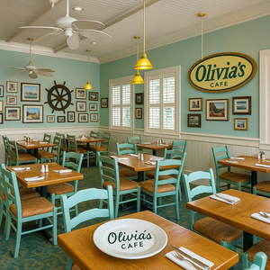 Modelo de navio em um display próximo de mesas e cadeiras no Olivia's Café