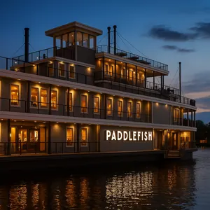 Two Guests enjoying food and beverages while sitting on an outdoor deck at Paddlefish	