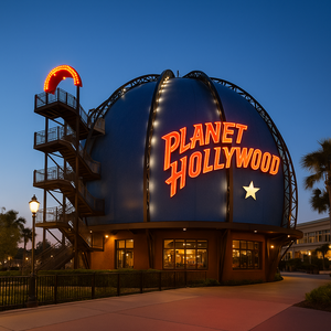 Um hambúrguer grande com carne bovina e macarrão com queijo, servido com batata frita e um refrigerante