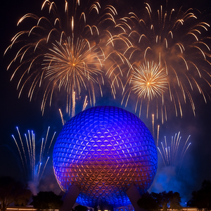 Artwork of fireworks bursting and water splashing near Spaceship Earth