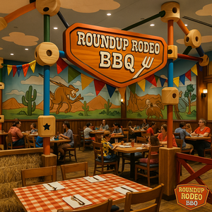 Um garçom se aproxima de uma mesa onde uma família está fazendo uma refeição