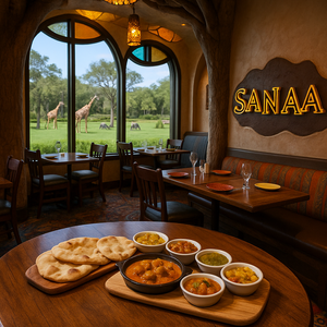 O ensolarado salão de jantar do Sanaa, um restaurante de inspiração africana