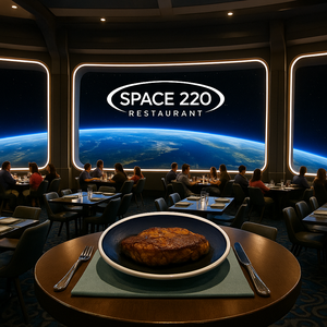 Visitantes do restaurante Space 220 comem enquanto observam um astronauta flutuando sobre a Terra