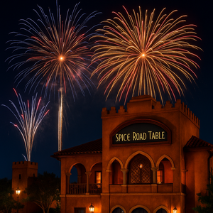 Artwork of fireworks bursting and water splashing near Spaceship Earth