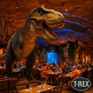 Menina e seu pai aproveitam batata frita em formato de waffles, sentados à mesa com decoração temática de dinossauros ao fundo