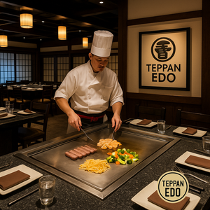 Mesas de jacarandá, luminárias de papel de arroz e uma imagem do Monte Fuji embelezam o interior desse restaurante