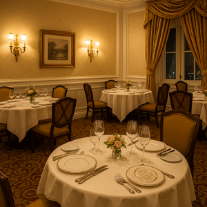 A piece of seared salmon garnished with fresh herbs, edible flowers, slices of radish and sauce